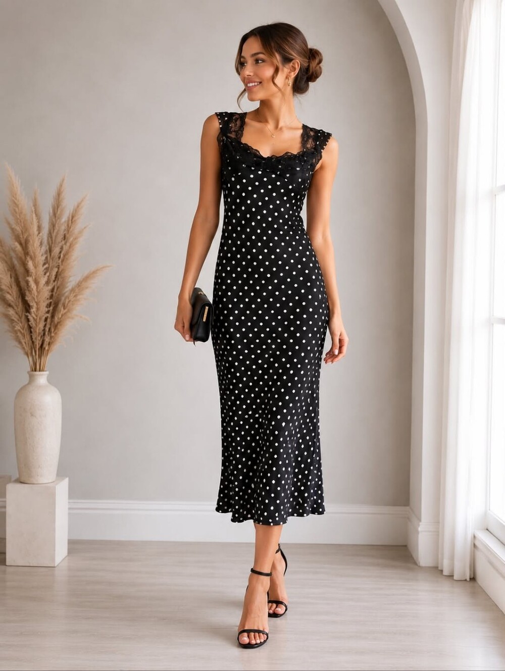 New 🆕 💕 Black Polka Dot Lace-Trim Maxi Dress